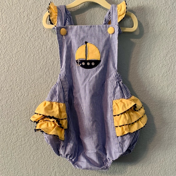 Stellybelly Other - Stellybelly Blue Gingham Yellow Ruffle Sailboat Bubble/Romper- 3T